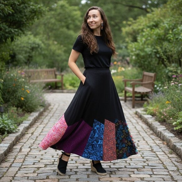 Sweet Threads Small Boho Patchwork Maxi Skirt Smocked - Picture 1 of 12